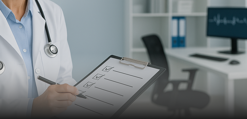 Médica com jaleco branco e estetoscópio preenchendo checklist em prancheta dentro de consultório moderno, simbolizando preparação da clínica para o check-up de fim de ano.